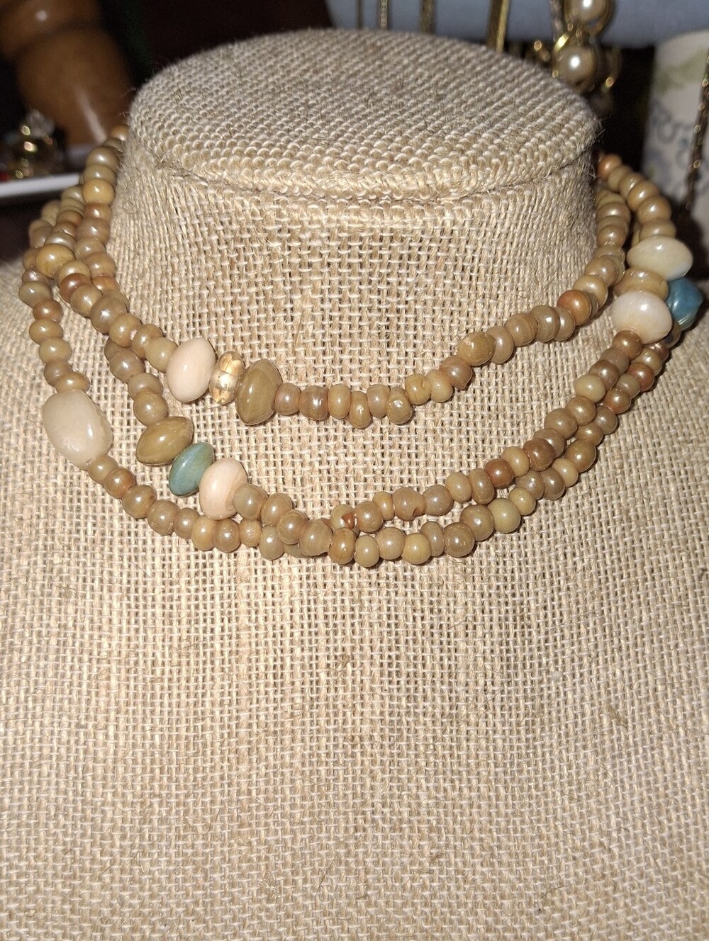 Beaded Artsy Glass Tan and Blue Glazed Varied Shape Necklace No Clasp